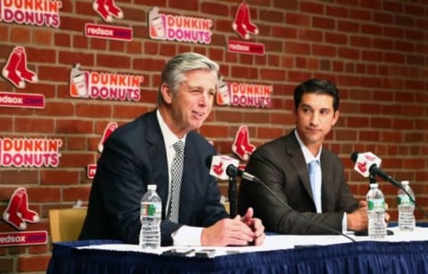 Sep 24, 2015; Boston, MA, USA; Boston Red Sox president of baseball operations Dave Dombrowski (left) introduces Mike Hazen (right) as the team