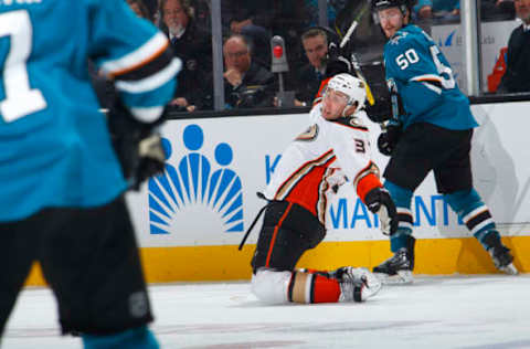 SAN JOSE, CA – NOVEMBER 26: Nick Ritchie #37 of the Anaheim Ducks falls to the ice against Chris Tierney #50 of the San Jose Sharks on November 26, 2016. (Photo by Rocky W. Widner/NHL/Getty Images)