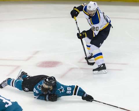 May 21, 2016; San Jose, CA, USA; St. Louis Blues left wing Alexander Steen (20) shoots as San Jose Sharks defenseman Brent Burns (88) watches the puck in the third period of game four of the Western Conference Final of the 2016 Stanley Cup Playoffs at SAP Center at San Jose. The Blues won 6-3. Mandatory Credit: John Hefti-USA TODAY Sports