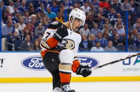 TAMPA, FL – OCTOBER 28: Rickard Rakell #67 of the Anaheim Ducks celebrates his goal. (Photo by Scott Audette/NHLI via Getty Images)