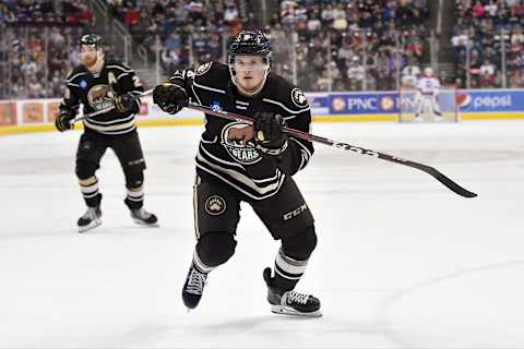 HERSHEY, PA – FEBRUARY 09: Hershey Bears defenseman Lucas Johansen (6) skates back during the Charlotte Checkers vs. Hershey Bears AHL game February 9, 2019 at the Giant Center in Hershey, PA. (Photo by Randy Litzinger/Icon Sportswire via Getty Images)