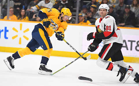 Ottawa Senators defenseman Ron Hainsey (81) breaks his stick blocking a shot from Nashville Predators center Matt Duchene (95) Mandatory Credit: Christopher Hanewinckel-USA TODAY Sports