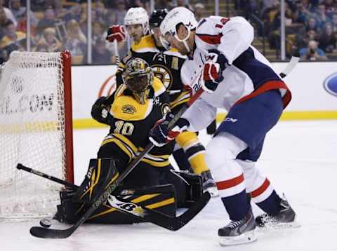 Sep 22, 2015; Boston, MA, USA; Boston Bruins goalie Malcolm Subban (70) makes a save against Washington Capitals right wing Justin Williams (14) during the second period at TD Garden. Mandatory Credit: Greg M. Cooper-USA TODAY Sports