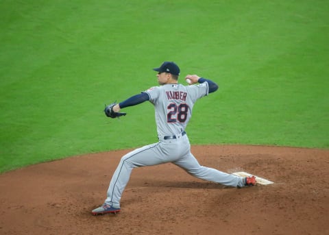 HOUSTON, TX – OCTOBER 05: Cleveland Indians starting pitcher Corey Kluber (28) prepares to deliver a pitch during the ALDS Game 1 between the Cleveland Indians and Houston Astros on October 5, 2018 at Minute Maid Park in Houston, Texas (Photo by Leslie Plaza Johnson/Icon Sportswire via Getty Images)