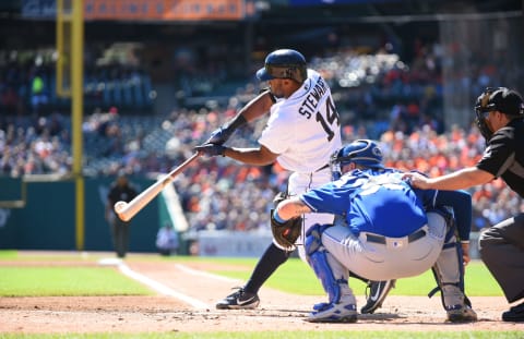 DETROIT, MI – SEPTEMBER 23: Christin Stewart #14 of the Detroit Tigers bats during the game against the Kansas City Royals at Comerica Park on September 23, 2018 in Detroit, Michigan. The Royals defeated the Tigers 3-2. (Photo by Mark Cunningham/MLB Photos via Getty Images)