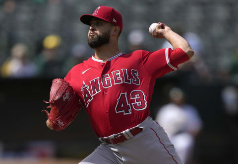 OAKLAND, CALIFORNIA – MAY 15: Patrick Sandoval #43 of the Los Angeles Angels pitches against the Oakland Athletics in the bottom of the seventh inning at RingCentral Coliseum on May 15, 2022 in Oakland, California. (Photo by Thearon W. Henderson/Getty Images)