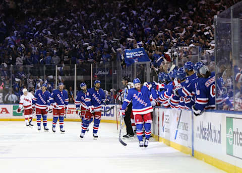 New York Rangers celebrate a first period goal by Tyler Motte #64 . (Photo by Bruce Bennett/Getty Images)