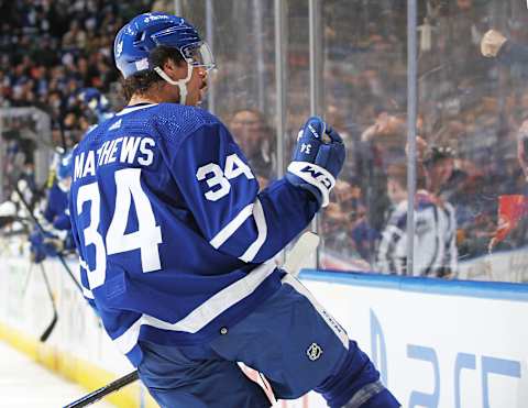 Auston Matthews #34 of the Toronto Maple Leafs celebrates a goal (Photo by Claus Andersen/Getty Images)