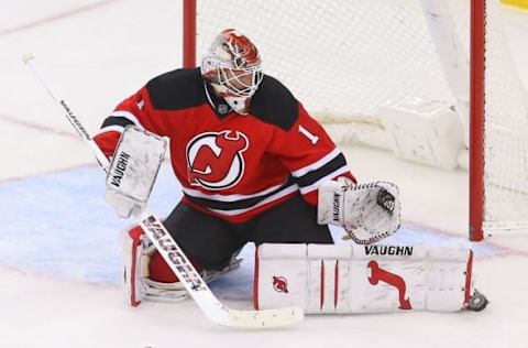 NHL Power Rankings: New Jersey Devils goalie Keith Kinkaid (1) make a pad save during the third period at Prudential Center. The Blackhawks won 3-2 in overtime. Mandatory Credit: Ed Mulholland-USA TODAY Sports