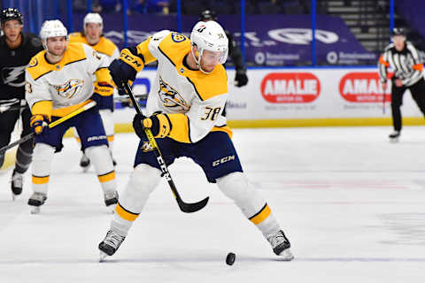 TAMPA, FLORIDA – MARCH 13: Jeremy Davies #38 of the Nashville Predators skates against the Tampa Bay Lightning in the second period at Amalie Arena on March 13, 2021 in Tampa, Florida. (Photo by Julio Aguilar/Getty Images)