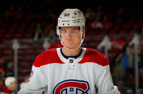 NEWARK, NJ – MARCH 27: Justin Barron #52 of the Montreal Canadiens during warm up prior to the game against the New Jersey Devils on March 27, 2022 at the Prudential Center in Newark, New Jersey. (Photo by Rich Graessle/Getty Images)