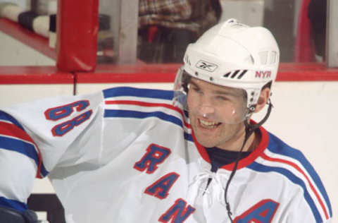 WASHINGTON – DECEMBER 3: Jaromir Jagr #68 of the New York Rangers smiles against the Washington Capitals at MCI Center in Washington D.C. on December 3, 2005. The Capitals won 5-1. (Photo by Mitchell Layton/Getty Images)