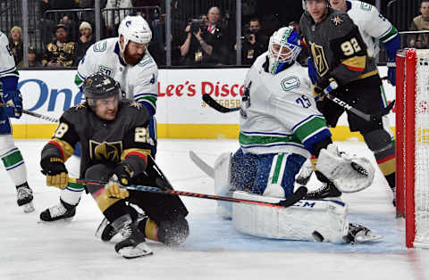 LAS VEGAS, NEVADA – DECEMBER 15: William Carrier #28 of the Vegas Golden Knights shoots the puck during the third period against the Vancouver Canucks at T-Mobile Arena on December 15, 2019 in Las Vegas, Nevada. (Photo by David Becker/NHLI via Getty Images)