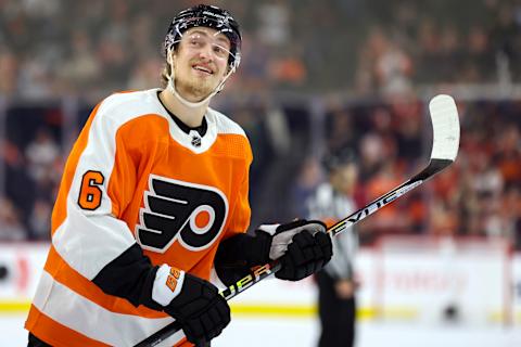 Travis Sanheim of the Philadelphia Flyers looks on after scoring. (Photo by Tim Nwachukwu/Getty Images)