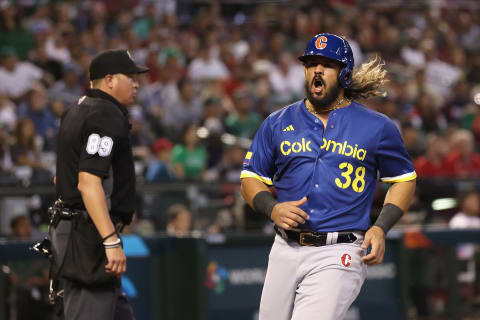 Jorge Alfaro scores for Colombia against Mexico. (Photo by Christian Petersen/Getty Images)