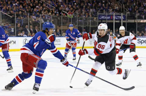 NEW YORK, NEW YORK – APRIL 29: Jack Hughes #86 of the New Jersey Devils skates against the New York Rangers in Game Six of the First Round of the 2023 Stanley Cup Playoffs at Madison Square Garden on April 29, 2023, in New York, New York. The Rangers defeated the Devils 5-2. (Photo by Bruce Bennett/Getty Images)