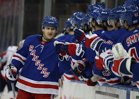 New York Rangers defenseman Adam Fox (23) celebrates his go ahead goal Credit: Al Bello/POOL PHOTOS-USA TODAY Sports