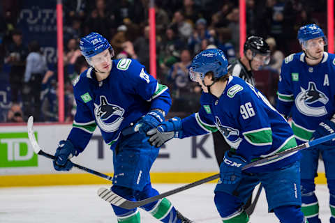 Dec 22, 2022; Vancouver, British Columbia, CAN; Vancouver Canucks forward Lane Pederson (29) and forward Andrei Kuzmenko (96) and celebrate Kuzmenko’s goal scored on Seattle Kraken goalie Martin Jones (30) in the third period at Rogers Arena. Vancouver won 6-5 in a shootout. Mandatory Credit: Bob Frid-USA TODAY Sports