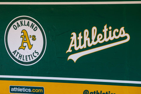 OAKLAND, CA – JULY 22: General view of the Oakland Athletics logos in the dugout before the game against the San Francisco Giants at the Oakland Coliseum on July 22, 2018 in Oakland, California. The Oakland Athletics defeated the San Francisco Giants 6-5 in 10 innings. (Photo by Jason O. Watson/Getty Images)