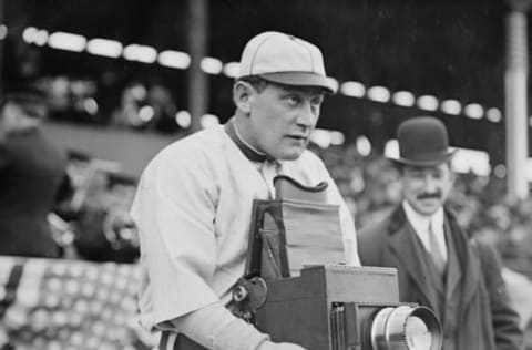 UNITED STATES – CIRCA 1911: Herman A. “Germany” Schaefer (1877-1919), one of the most entertaining characters in baseball history, trying out the other side of the camera during the Washington Senators visit to play the New York Highlanders in April, 1911. Germany Schaefer, a versatile infielder and quick base runner, played most of his career with the Detroit Tigers and the Washington Senators. (Photo by Buyenlarge/Getty Images)