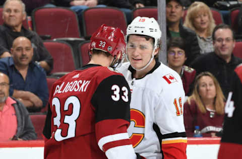 GLENDALE, AZ – MARCH 07: Matthew Tkachuk #19 of the Calgary Flames talks with Alex Goligoski #33 of the Arizona Coyotes at Gila River Arena on March 7, 2019 in Glendale, Arizona. (Photo by Norm Hall/NHLI via Getty Images)