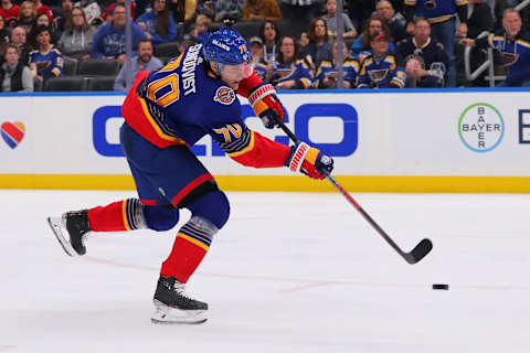 ST LOUIS, MO – NOVEMBER 21: Oskar Sundqvist #70 of the St. Louis Blues (Photo by Dilip Vishwanat/Getty Images)