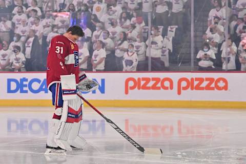 LAVAL, QC – MAY 12: Goaltender Cayden Primeau #31 of the Laval Rocket stands during the anthems prior to Game Three of the North Division Semifinals against the Syracuse Crunch at Place Bell on May 12, 2022 in Laval, Canada. The Laval Rocket defeated the Syracuse Crunch 4-1. (Photo by Minas Panagiotakis/Getty Images)