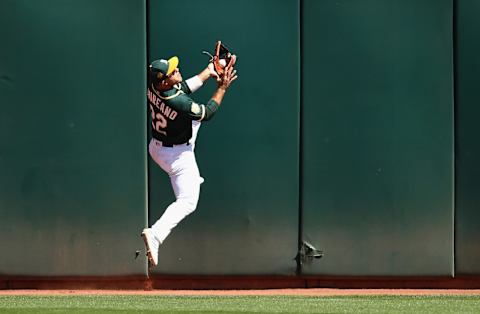 OAKLAND, CA – SEPTEMBER 08: Ramon Laurreano #22 of the Oakland Athletics catches a ball hit by Adrian Beltre #29 of the Texas Rangers in the third inning at Oakland Alameda Coliseum on September 8, 2018 in Oakland, California. (Photo by Ezra Shaw/Getty Images)