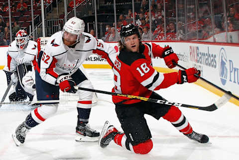 Dawson Mercer #18 of the New Jersey Devils (Photo by Bruce Bennett/Getty Images)