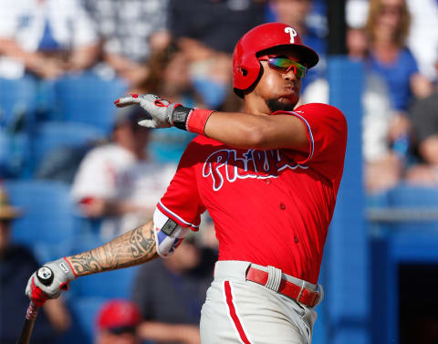 Mar 5, 2016; Dunedin, FL, USA; Philadelphia Phillies shortstop J.P. Crawford (77) bats against the Toronto Blue Jays during the eighth inning at Florida Auto Exchange Park. Mandatory Credit: Butch Dill-USA TODAY Sports