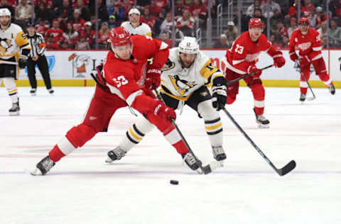 DETROIT, MICHIGAN – APRIL 08: Moritz Seider #53 of the Detroit Red Wings skates against the Pittsburgh Penguins at Little Caesars Arena on April 08, 2023 in Detroit, Michigan. (Photo by Gregory Shamus/Getty Images)