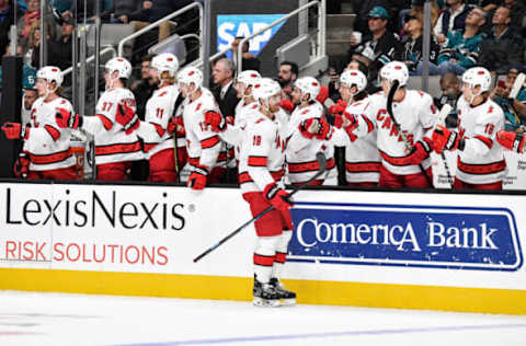 SAN JOSE, CA – OCTOBER 16: Dougie Hamilton #19 of the Carolina Hurricanes celebrates scoring a goal against the San Jose Sharks at SAP Center on October 16, 2019 in San Jose, California. (Photo by Brandon Magnus/NHLI via Getty Images)