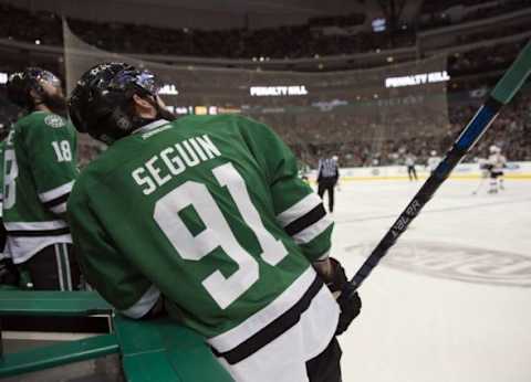 Feb 20, 2016; Dallas, TX, USA; Dallas Stars center Tyler Seguin (91) checks out the replay screen during the third period against the Boston Bruins at the American Airlines Center. The Bruins defeat the Stars 7-3. Mandatory Credit: Jerome Miron-USA TODAY Sports