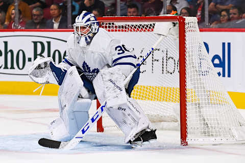 MONTREAL, QC – SEPTEMBER 23: Toronto Maple Leafs goalie Michael Hutchinson (30) waits for a faceoff during the Toronto Maple Leafs versus the Montreal Canadiens preseason game on September 23, 2019, at Bell Centre in Montreal, QC (Photo by David Kirouac/Icon Sportswire via Getty Images)