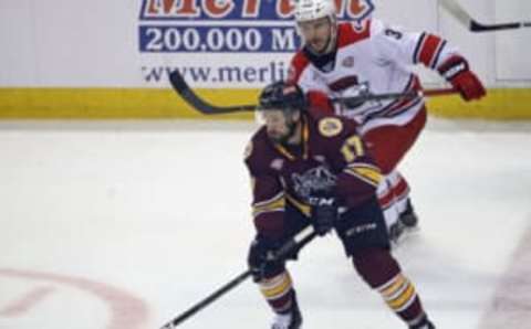 ROSEMONT, ILLINOIS – JUNE 08: Brooks Macek #17 of the Chicago Wolves advances the puck in front of Nick Schilkey #37 of the Charlotte Checkers during game Five of the Calder Cup Finals at Allstate Arena on June 08, 2019 in Rosemont, Illinois. (Photo by Jonathan Daniel/Getty Images)