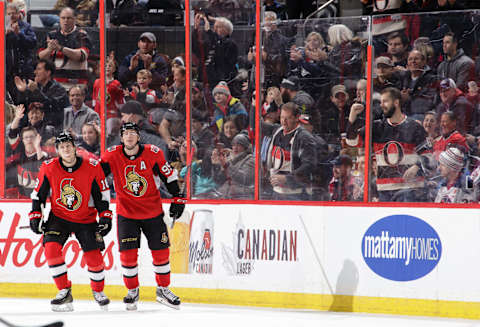 OTTAWA, ON – FEBRUARY 9: Ryan Dzingel #18 of the Ottawa Senators celebrates his first period goal against the Winnipeg Jets with team mate Matt Duchene #95 at Canadian Tire Centre on February 9, 2019 in Ottawa, Ontario, Canada. (Photo by Jana Chytilova/Freestyle Photography/Getty Images)