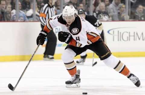 Feb 8, 2016; Pittsburgh, PA, USA; Anaheim Ducks defenseman Cam Fowler (4) skates with the puck against the Pittsburgh Penguins during the first period at the CONSOL Energy Center. Mandatory Credit: Charles LeClaire-USA TODAY Sports