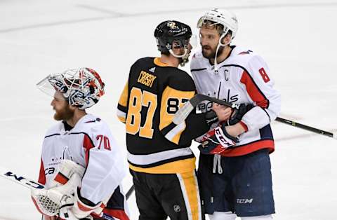 PITTSBURGH, PA – MAY 7: Pittsburgh Penguins center Sidney Crosby (87) congratulates Washington Capitals left wing Alex Ovechkin (8) after the Capitals won game six in overtime to advance. (Photo by Jonathan Newton/The Washington Post via Getty Images)