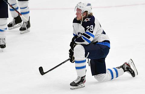 ST. LOUIS, MO – APRIL 20: Winnipeg Jets rightwing Patrik Laine (29) reflects on the ice after losing the first round Stanley Cup Playoffs series between the Winnipeg Jets and the St. Louis Blues, on April 20, 2019, at Enterprise Center, St. Louis, Mo. (Photo by Keith Gillett/Icon Sportswire via Getty Images)