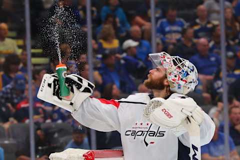 ST LOUIS, MO – OCTOBER 02: Braden Holtby #70 of the Washington Capitals sprays water during a stoppage in play against the St. Louis Blues at Enterprise Center on October 2, 2019 in St Louis, Missouri. (Photo by Dilip Vishwanat/Getty Images)