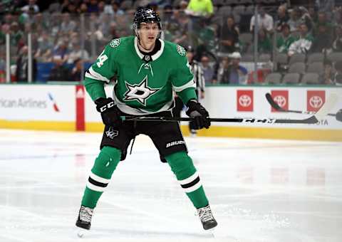 DALLAS, TEXAS – SEPTEMBER 16: Denis Gurianov #34 of the Dallas Stars during a NHL preseason game at American Airlines Center on September 16, 2019 in Dallas, Texas. (Photo by Ronald Martinez/Getty Images)