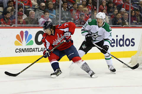 Mar 6, 2017; Washington, DC, USA; Washington Capitals right wing T.J. Oshie (77) skates with the puck as Dallas Stars center Cody Eakin (20) defends in the first period at Verizon Center. Mandatory Credit: Geoff Burke-USA TODAY Sports