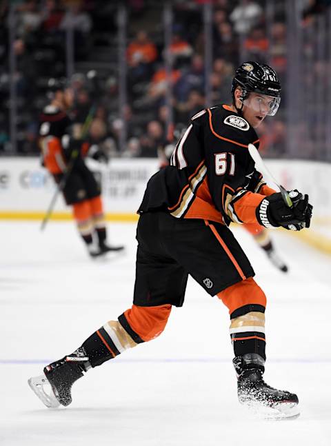 ANAHEIM, CALIFORNIA – NOVEMBER 05: Troy Terry #61 of the Anaheim Ducks dumps the puck in during a 4-2 loss to the Minnesota Wild at Honda Center on November 05, 2019 in Anaheim, California. (Photo by Harry How/Getty Images)