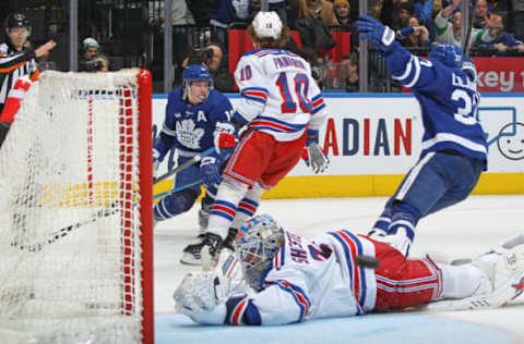 TORONTO, CANADA – JANUARY 25: Mitchell Marner #16 of the Toronto Maple Leafs celebrates his game-winning goal in overtime against the New York Rangers during an NHL game at Scotiabank Arena on January 25, 2023, in Toronto, Ontario, Canada. The Maple Leafs defeated the Rangers 3-2 in overtime. (Photo by Claus Andersen/Getty Images)