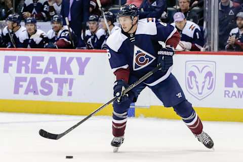 Nov 5, 2016; Denver, CO, USA; Colorado Avalanche defenseman Erik Johnson (6) controls the puck in the third period against the Minnesota Wild at the Pepsi Center. Mandatory Credit: Isaiah J. Downing-USA TODAY Sports