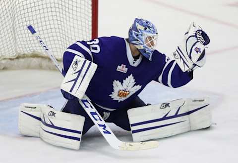 TORONTO, ON- MAY 3 – Toronto Marlies goaltender Kasimir Kaskisuo (30) makes a save as the Toronto Marlies play the Cleveland Monsters in game two of their second round Calder Cup play-off series at Coca-Cola Coliseum in Toronto. May 3, 2019. (Steve Russell/Toronto Star via Getty Images)