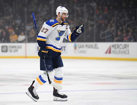 Alex Pietrangelo #27 of the St. Louis Blues reacts to his power play goal. (Photo by Harry How/Getty Images)