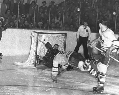 TORONTO – APRIL 21: Bill Barilko of the Toronto Maple Leafs scores the overtime game winning goal in Game 5 of the Stanley Cup Finals. (Photo by Bruce Bennett Studios via Getty Images Studios/Getty Images)