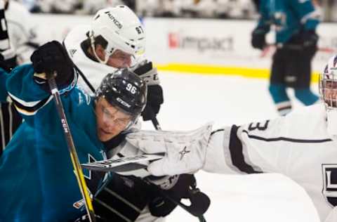 IRVINE, CA – SEPTEMBER 10: Lukas Parik #33 and Aidan Dudas #87 of the Los Angeles Kings put pressure on Jake Gricius #96 of the San Jose Sharks during the Anaheim Rookie Faceoff Tournament at Great Park Ice on September 10, 2019 in Irvine, California. (Photo by Foster Snell/NHLI via Getty Images)