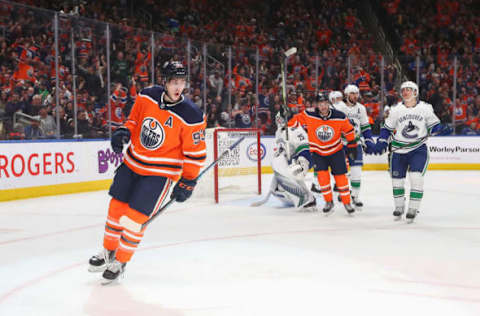 EDMONTON, AB – DECEMBER 27: Edmonton Oilers Left Wing Ryan Nugent-Hopkins (93) celebrates a power play goal in the first period during the Edmonton Oilers game versus the Vancouver Canucks on December 27, 2018 at Rogers Place in Edmonton, AB. (Photo by Curtis Comeau/Icon Sportswire via Getty Images)